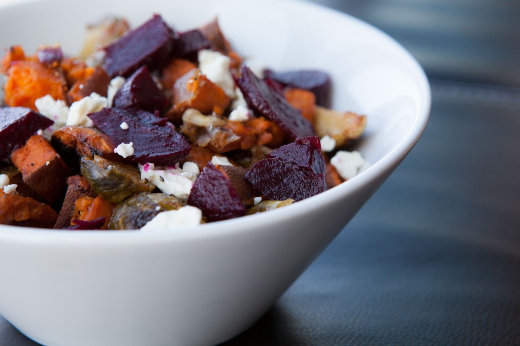 Roasted Sweet Potatoes and Brussels Sprouts with Feta and Beets. Great side dish recipe!