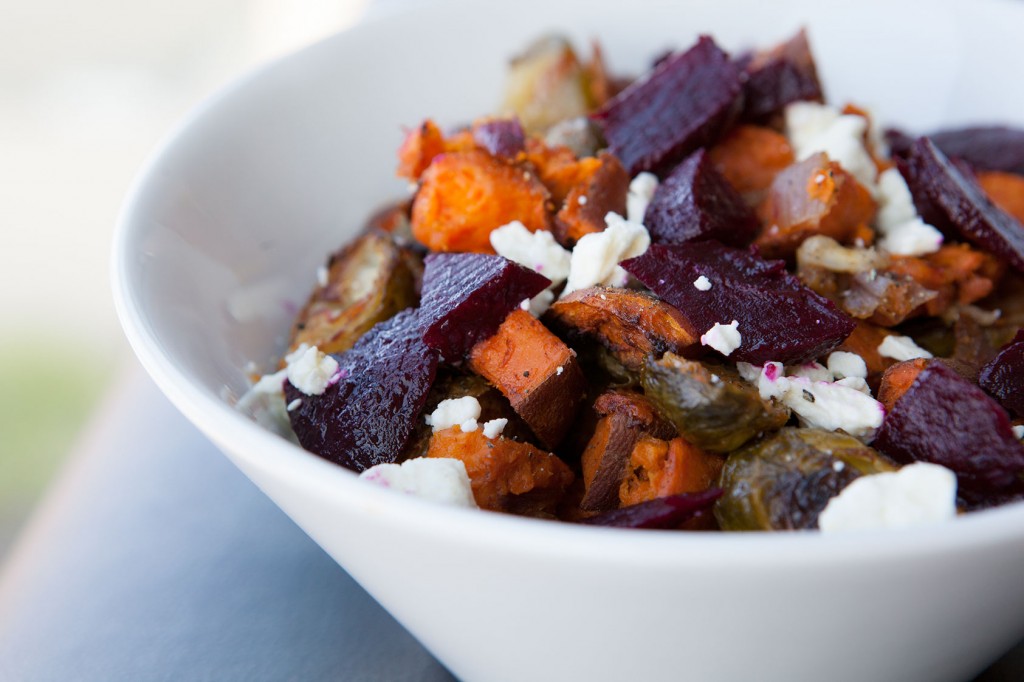 Roasted Sweet Potatoes and Brussels Sprouts with Feta and Beets. Great side dish recipe!